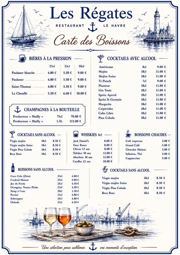 La carte des Apéritifs Restaurant les Régates76 le Havre