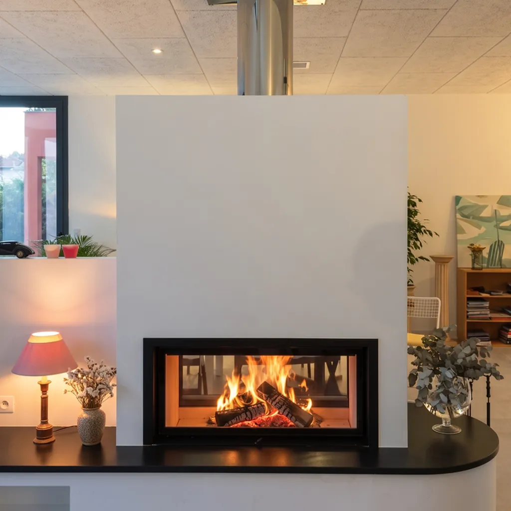Installation d'une cheminée moderne à double face au milieu d'une pièce à dans une maison à Bruges