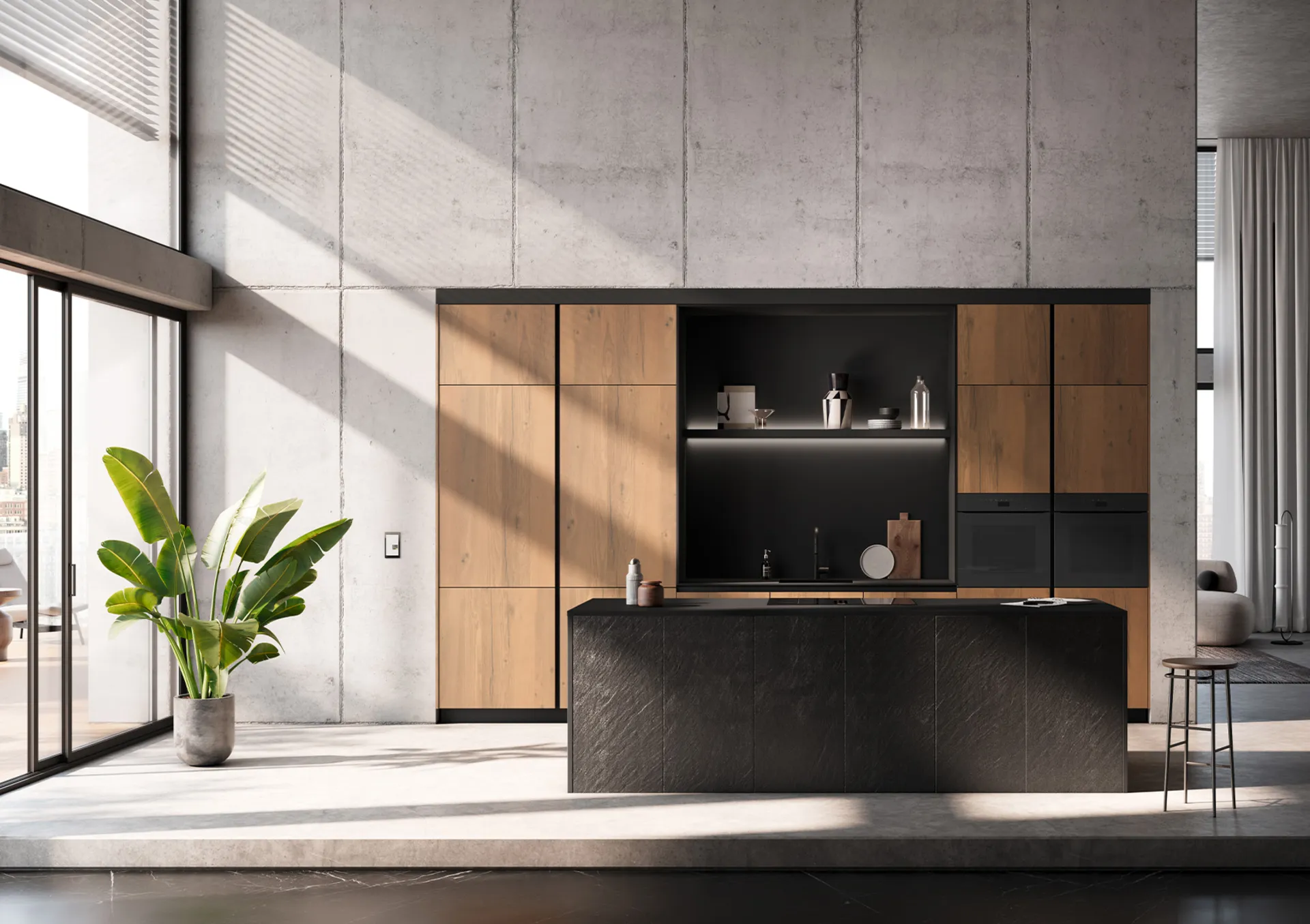 Equilibre élégant : cuisine bois et noir avec colonnes et îlot central