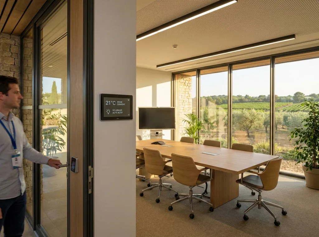 Système de contrôle d'accès couplé à la gestion technique du bâtiment (GTB), panneau de régulation température affichant le mode confort 21 °C, installation professionnelle de gestion énergétique intelligente dans les Bouches-du-Rhône (Avignon, Nîmes, Arl