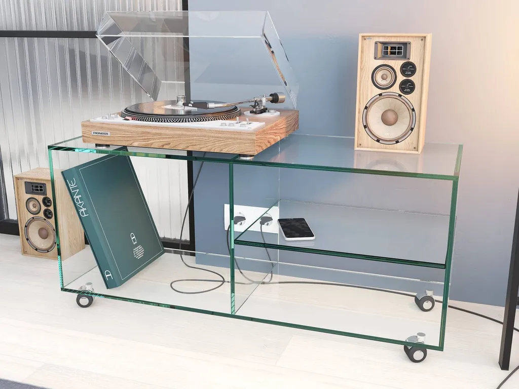 meuble tv transparent en verre sur roulette a Hyeres