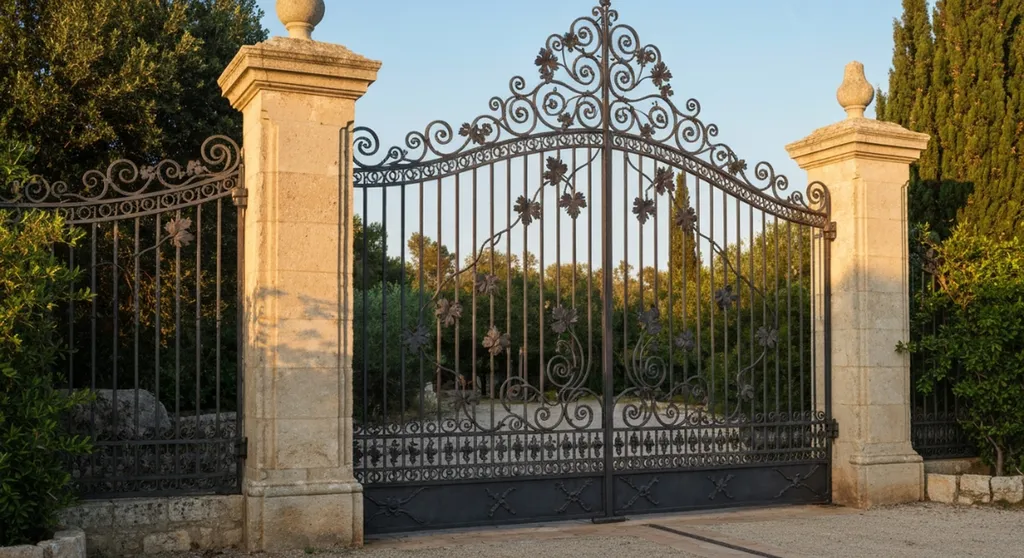 Conception de portails d'entrée monumentaux en fer forgé pour domaine viticole à Ramatuelle proche de Saint-Tropez (83)