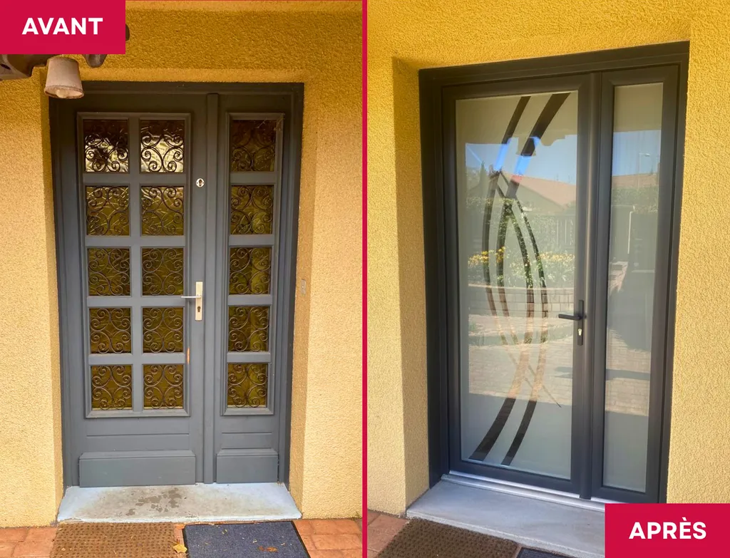 Avant / après remplacement d'une porte d'entrée BOUVET en PVC gris 7016 avec semi-fixe latéral et vitrage décoratif à Ennezat près de Riom dans le Puy-de-Dôme (63)