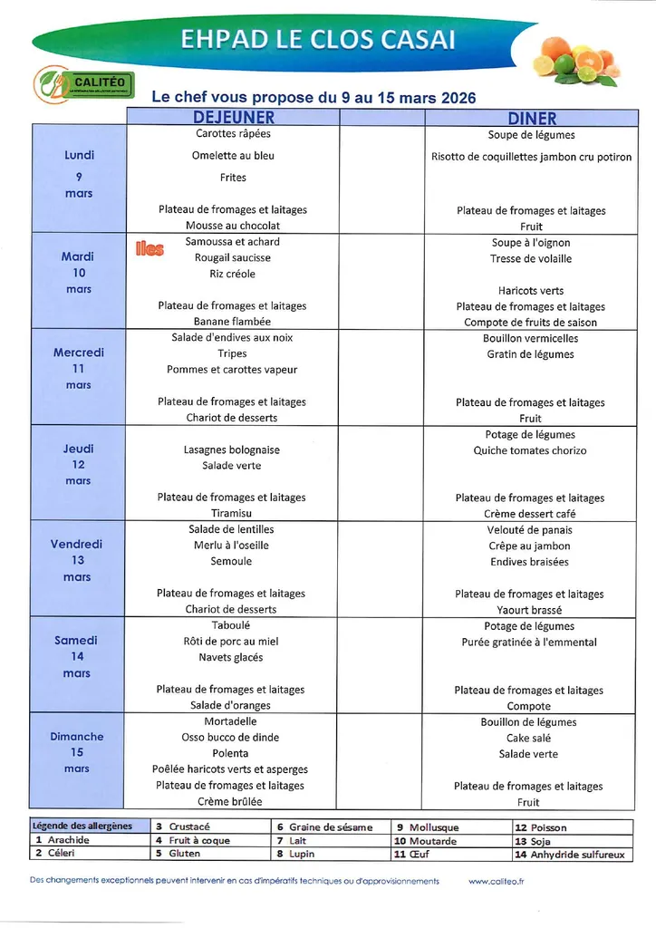 Menu du lundi 09 au dimanche 15 mars