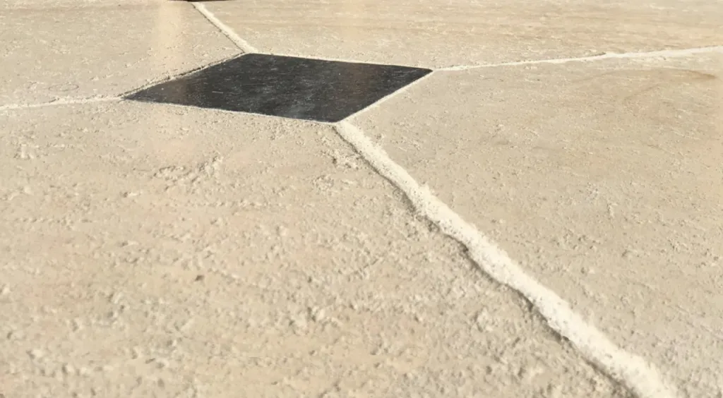 Dallage Périgord Montagnac clair uni vibré avec cabochon Bleu du Hainaut foncé