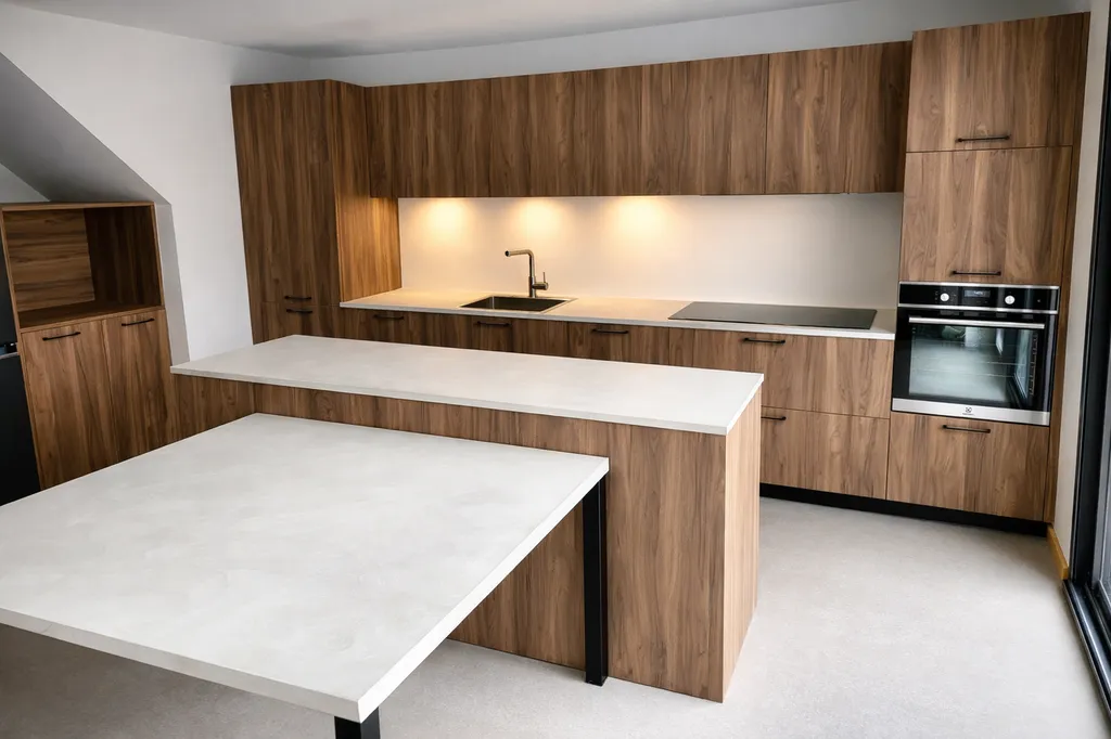 Cuisine en mélaminé bois et plans de travail stratifié béton à Charly 