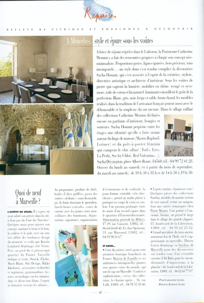 Article Coté Sud sur le concept store Sacha à Menerbes