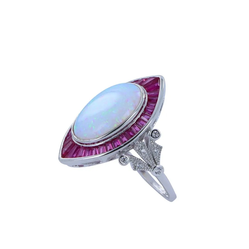 Détail bague opale reconstituée et rubis baguette argent 925 style Art Déco Or Ligne La Teste-de-Buch Bassin d’Arcachon