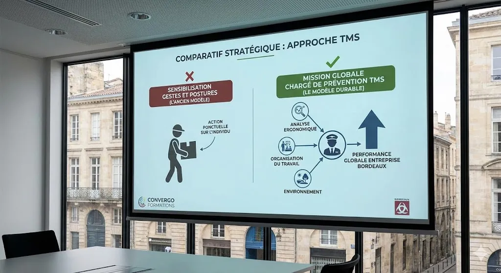 Quelle est la différence concrète entre une simple sensibilisation gestes et postures et la mission globale d'un chargé de prévention TMS dans une entreprise à Bordeaux ?