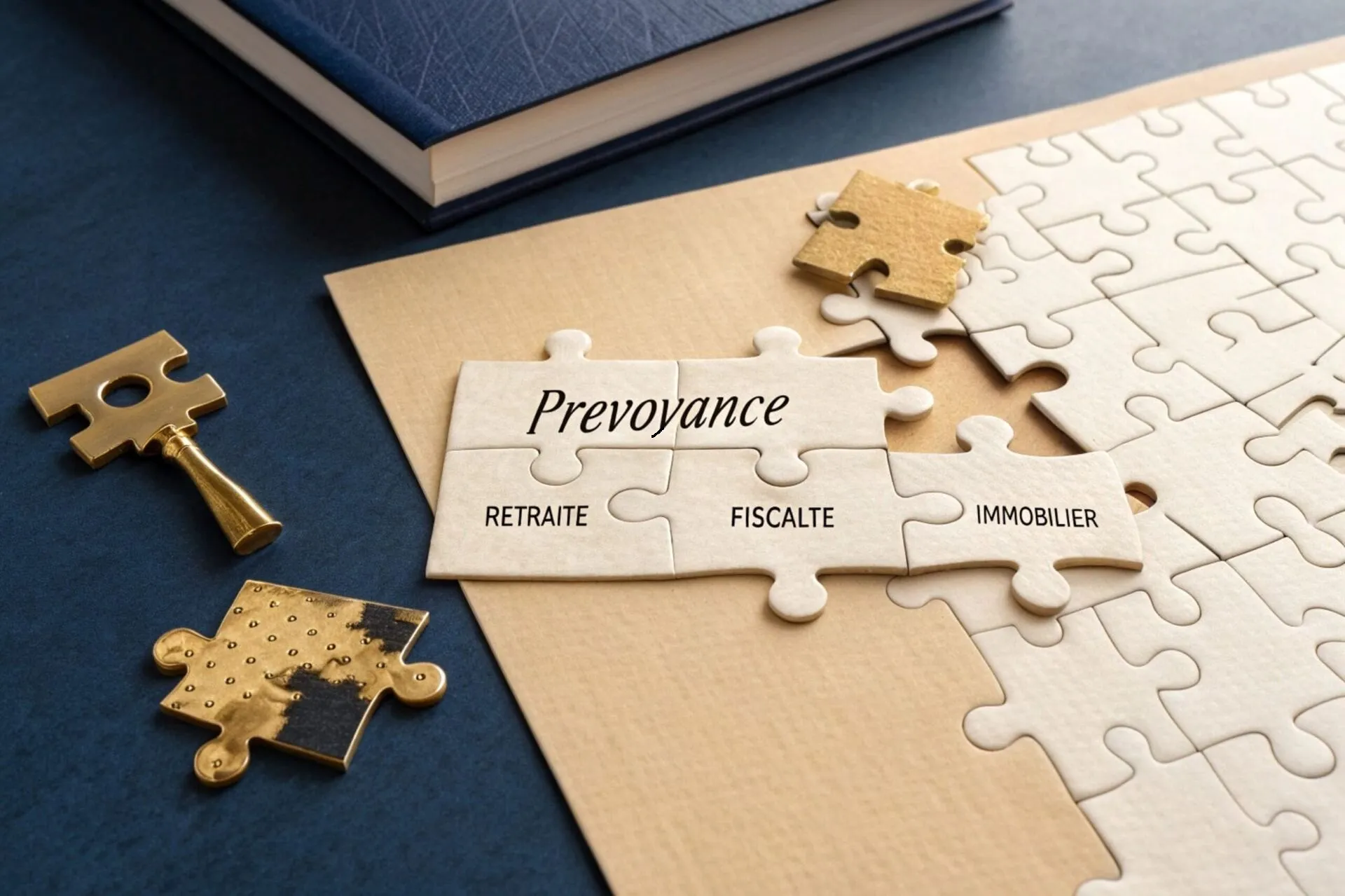 Puzzle illustrant les piliers de la protection sociale et patrimoniale — prévoyance, retraite, fiscalité et immobilier pour dirigeants à Strasbourg