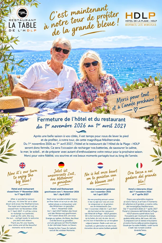 Anne-Lise et Marc devant la Méditerranée, annonçant la fermeture hivernale de l’Hôtel de la Plage HDLP et du restaurant La Table de l’HDLP à Bormes-les-Mimosas, du 1er novembre 2026 au 1er avril 2027.