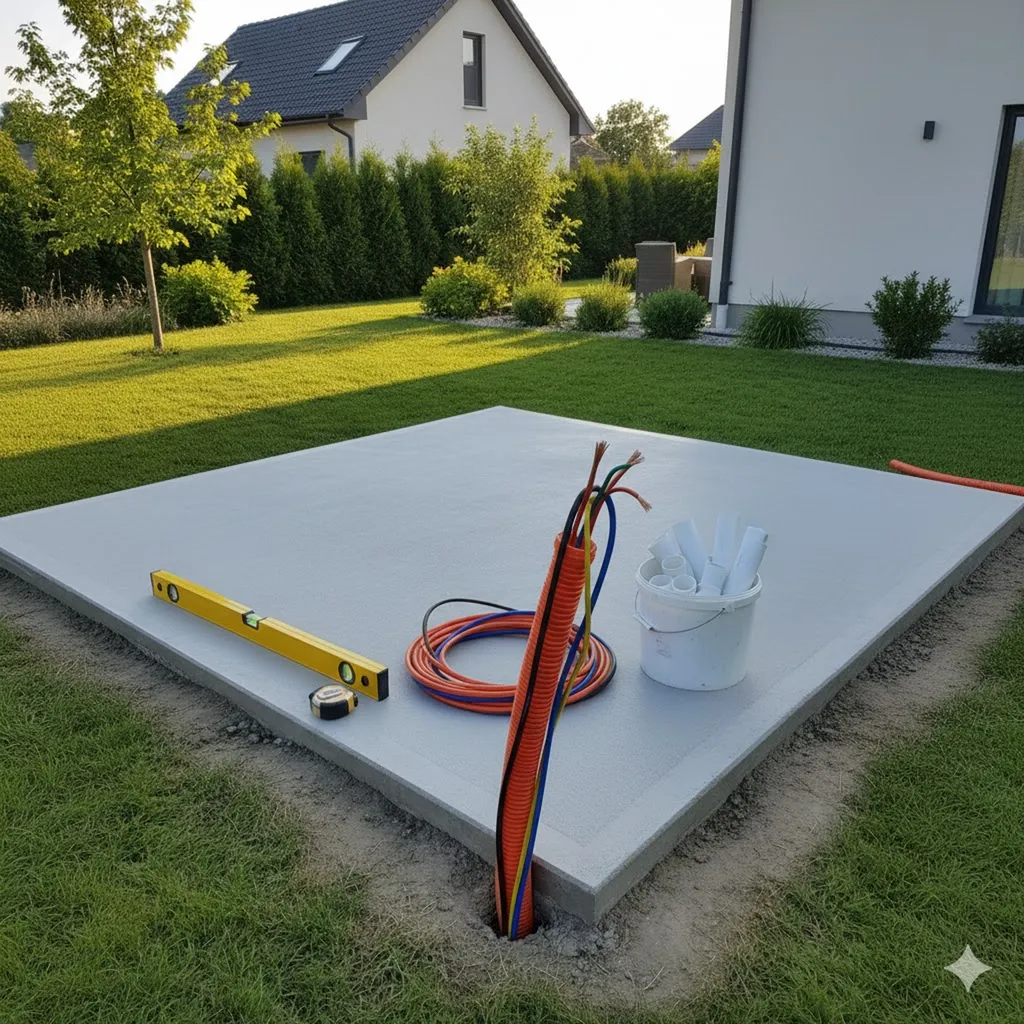 Dalle en béton préparée pour l’installation d’un spa, avec arrivées électriques en attente et outils de contrôle visibles, illustrant les préparatifs techniques avant la pose.