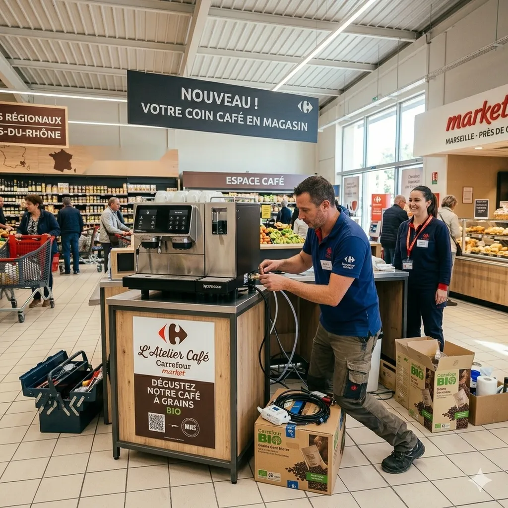 Installation d'une machine à café dans des magasins Carrefour Market près de Marseille dans les Bouches du Rhône