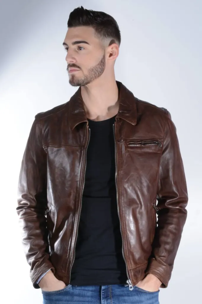 blouson cuir marron homme
