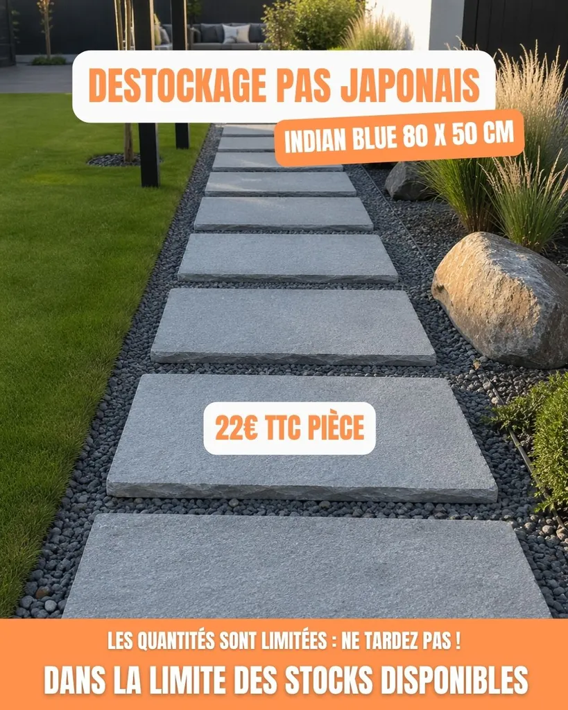 100% Pierres propose actuellement une offre de déstockage sur ses pas japonais en Indian Blue, disponibles directement dans notre magasin d’Ambarès-et-Lagrave, près de Bordeaux.