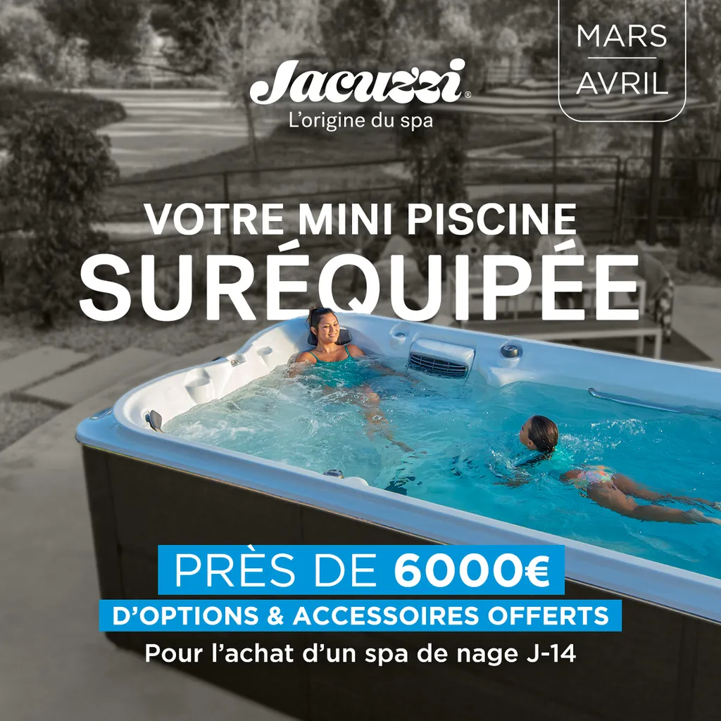 Spa de nage Jacuzzi J 14 dans un jardin extérieur avec enfants nageant et une femme profitant de la relaxation