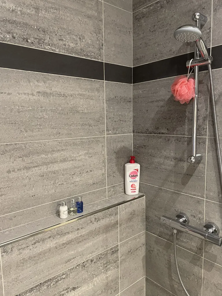 Douche à l’italienne avec paroi en verre sécurit installée lors de la rénovation d’une petite salle de bain à Neuville-sur-Saône près de Lyon (Rhône – 69)