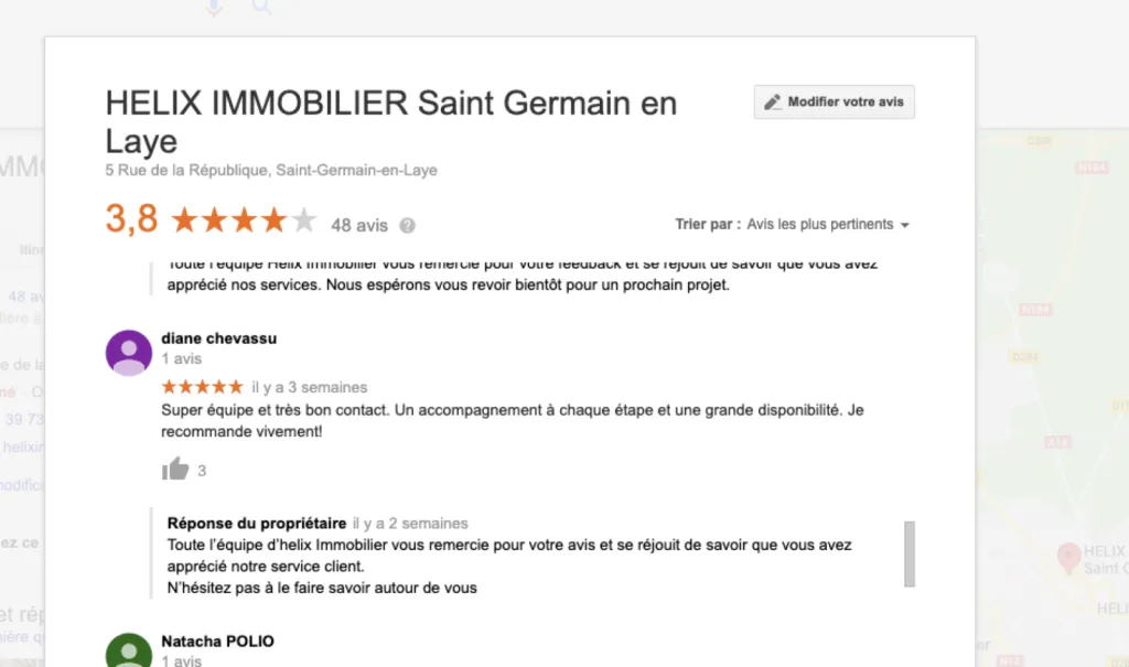 Avis Helix Immobilier sur Google