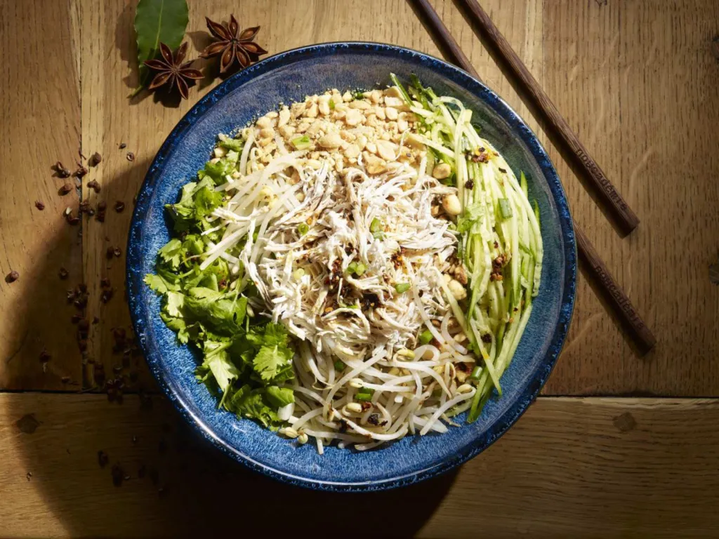 réalisation de photographie de plat culinaire pour restaurant nouilles froides au filet de poulet