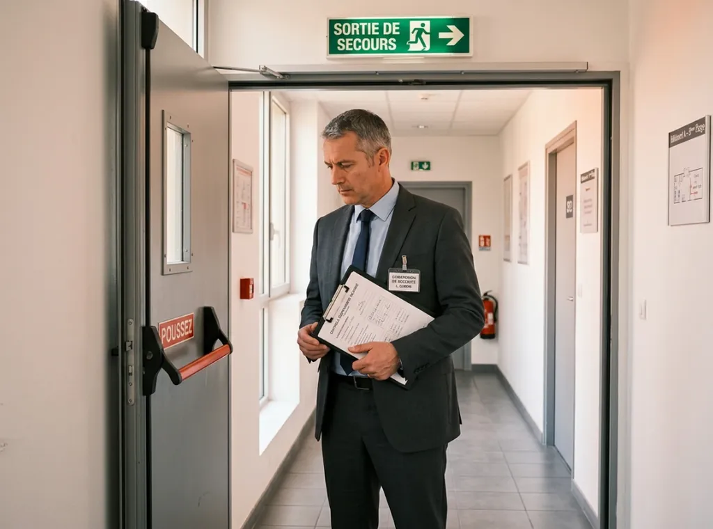 Inspecteur de la commission de sécurité CCDSA vérifiant une porte issue de secours en ERP