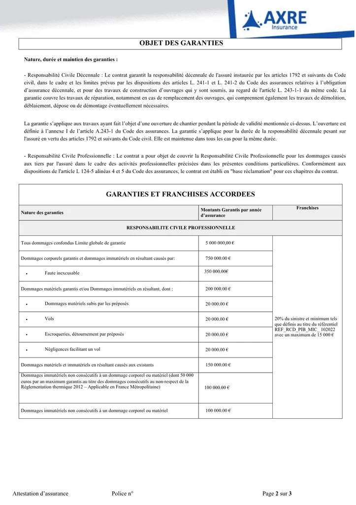 Attestation d'assurance de Responsabilité Décennale et de Responsabilité Civile - p2