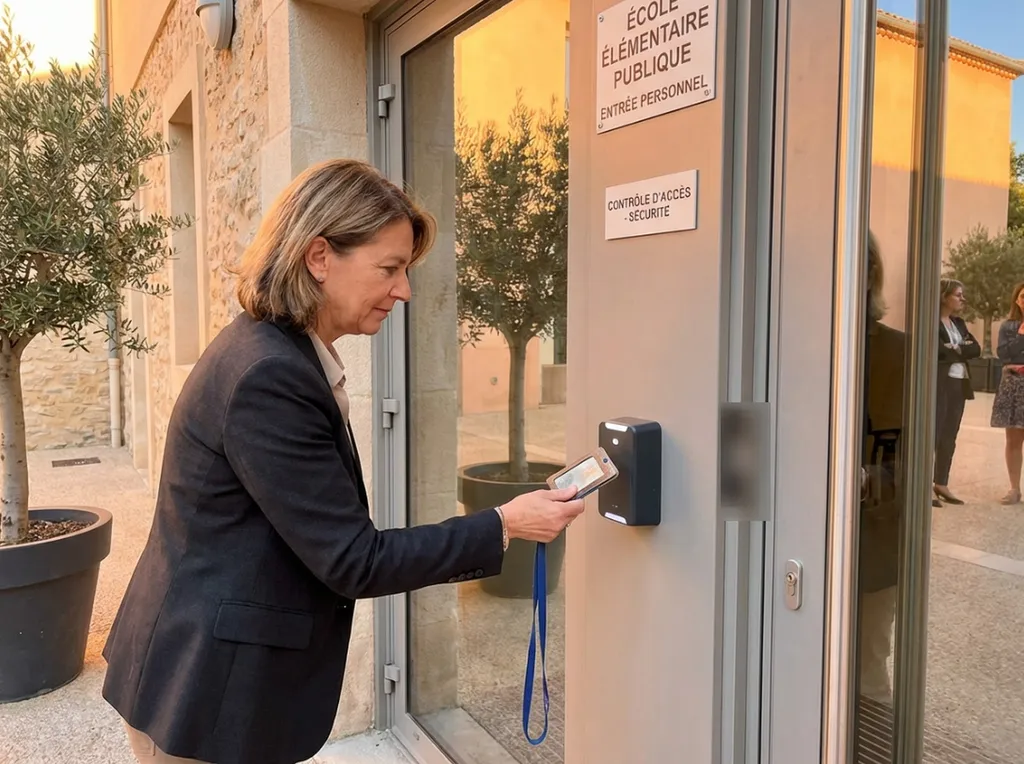 Enseignant utilisant badge RFID pour accès contrôlé établissement scolaire, lecteur badges mural, gestion accès différenciée personnel/élèves/visiteurs, traçabilité passages temps réel