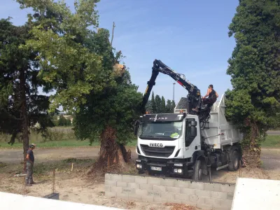 Abattage d'un gros platane à Berbentane à côté d'Avignon, à proximité d'une maison en construction