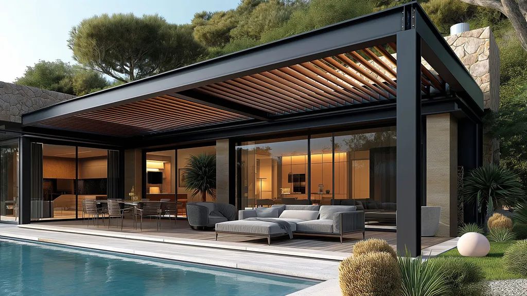 Pergola bioclimatique aluminium sur mesure avec capteur de pluie pour gestion automatique des intempéries à Villeneuve proche de Agen