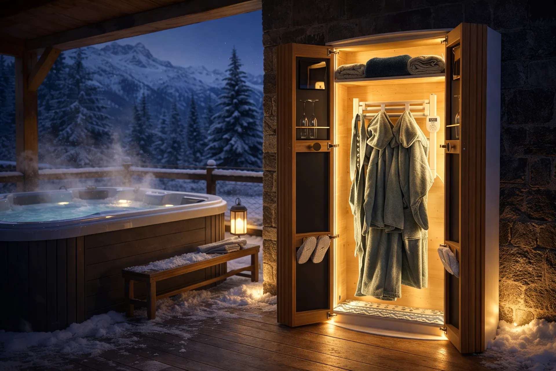 Sèche peignoir extérieur sur mesure haut de gamme pour spa et hôtel – meuble chauffant extérieur Lacoste Agencement