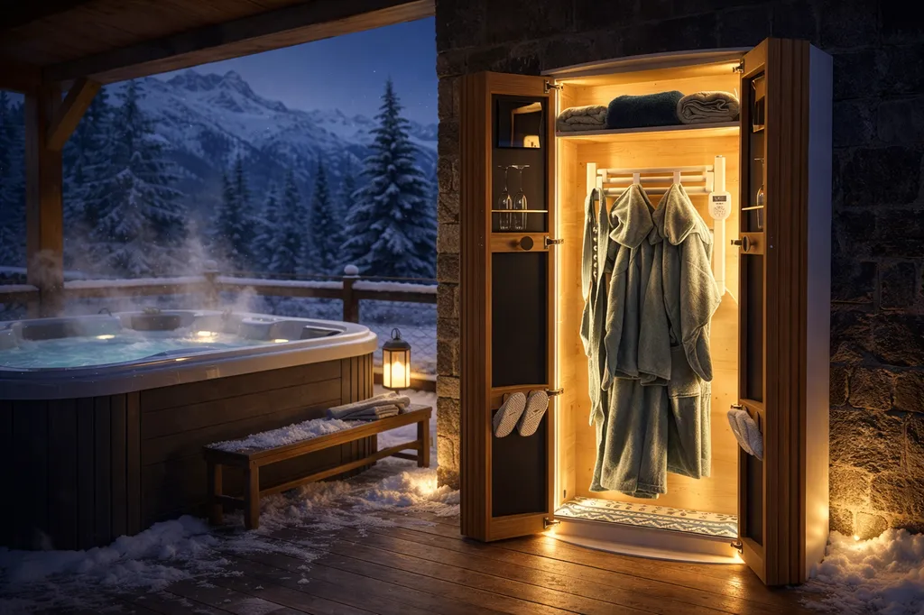 Sèche peignoir extérieur sur mesure haut de gamme pour spa et hôtel – meuble chauffant extérieur Lacoste Agencement