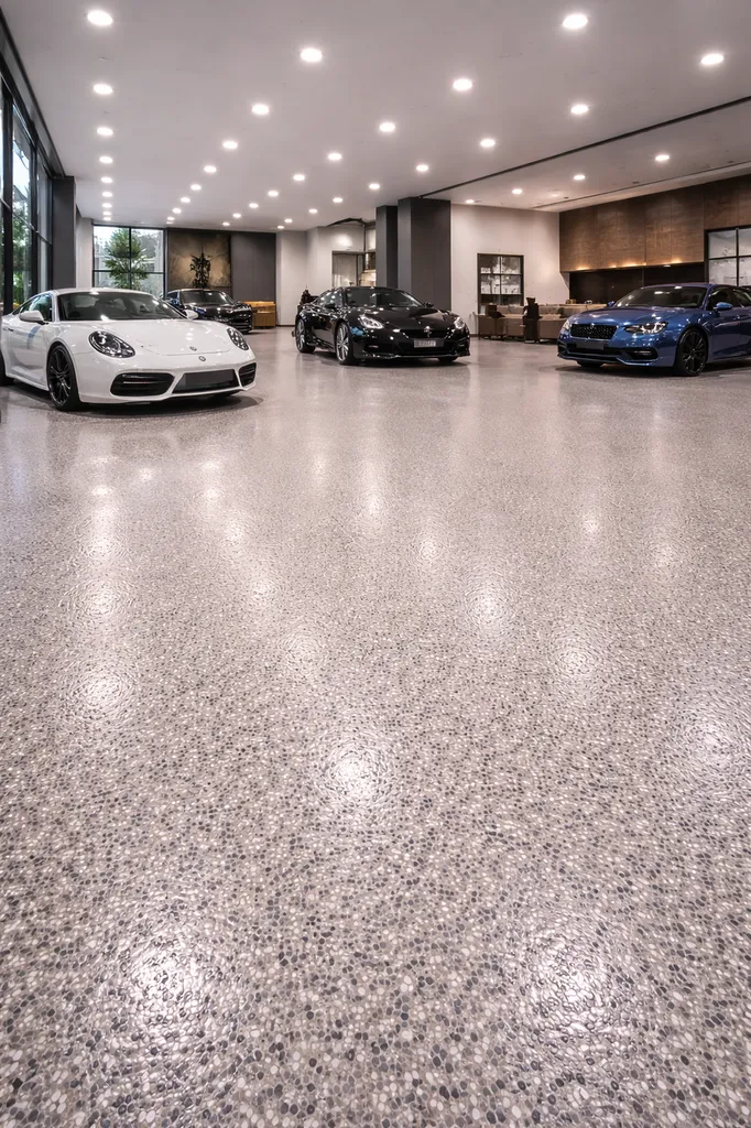 Réalisation d’un revêtement polyaspartique avec paillettes PVC décoratives pour sol de showroom automobile haut de gamme situé à Mérignac, à proximité immédiate de Bordeaux