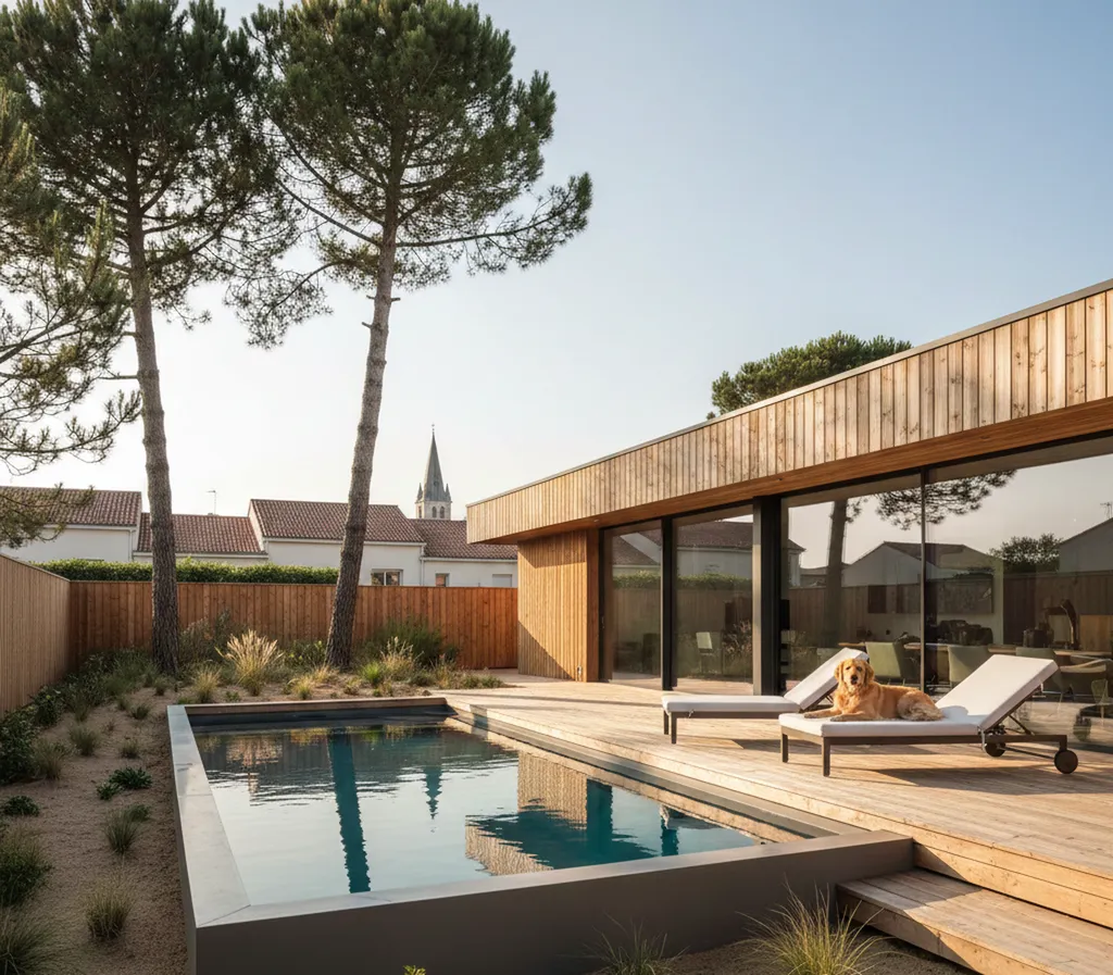 Piscine intégré dans une maison en bois moderne sur la test de buch - Areva piscine