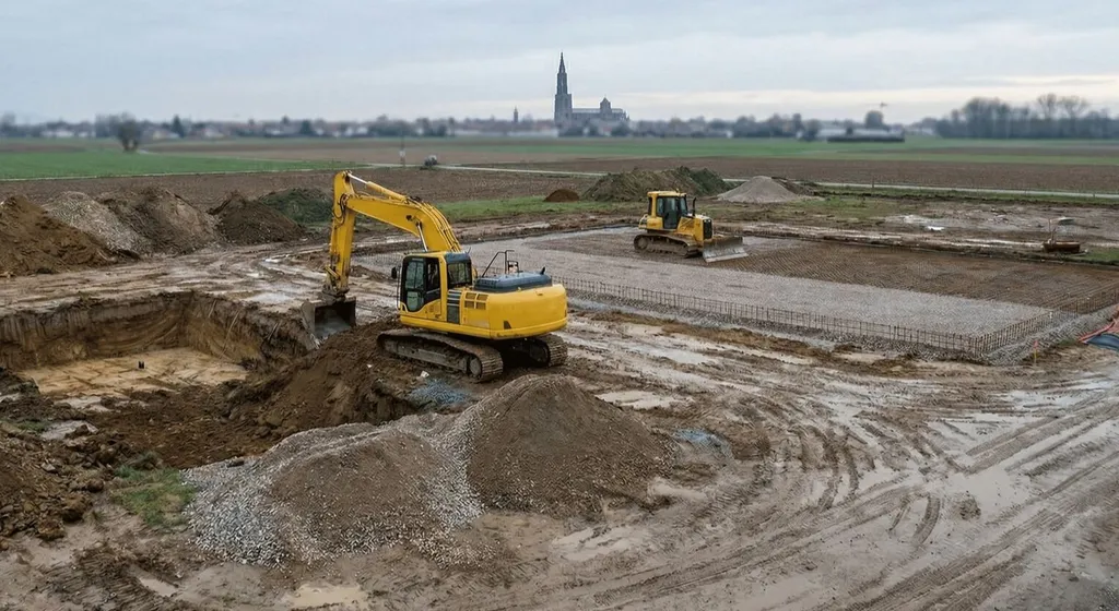 Terrassement pour fondations et construction de maison neuve avec excavation décaissement remblaiement et préparation terrain pour dalle béton à Erstein proche Strasbourg