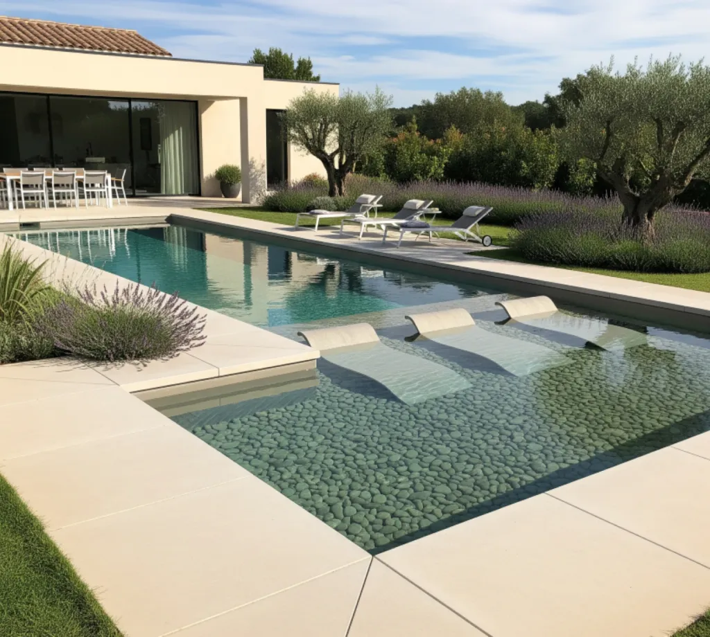 Piscine traditionnelle en béton avec margelles pierre naturelle à Arcachon