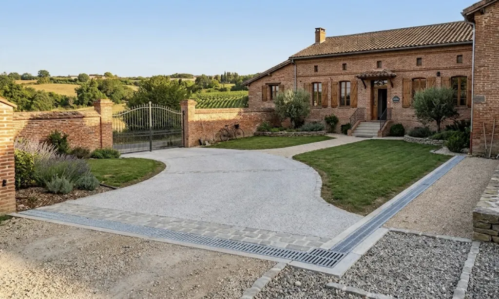 Suivi rigoureux d'un aménagement de cour et allée par Benezech Maîtrise d'Œuvre dans le Tarn : drainage technique performant et finitions haut de gamme pour cette maison de caractère.