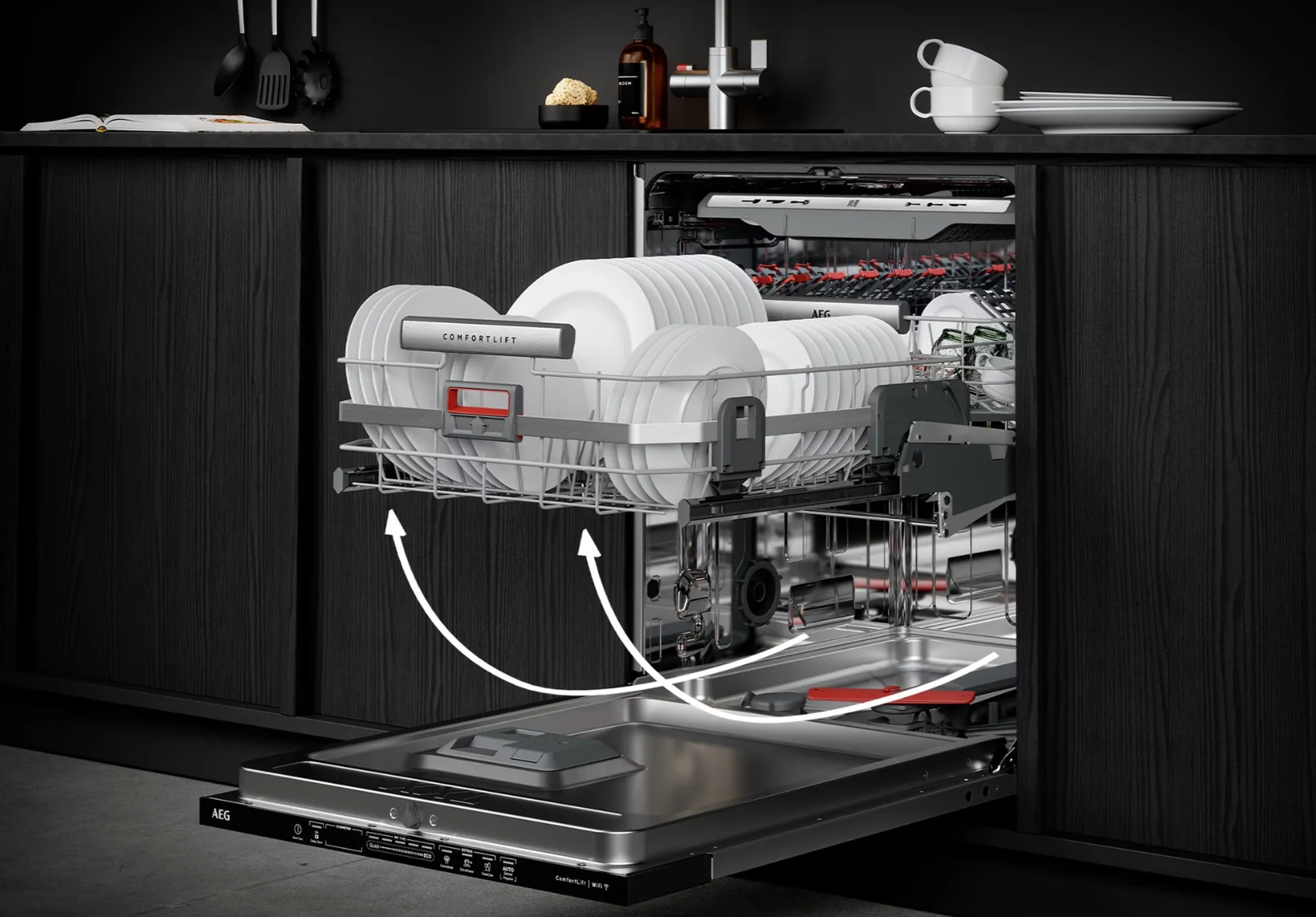 Lave vaisselle AEG Confortlift avec panier relevable pour une cuisine équipée fonctionnelle et un confort optimal
