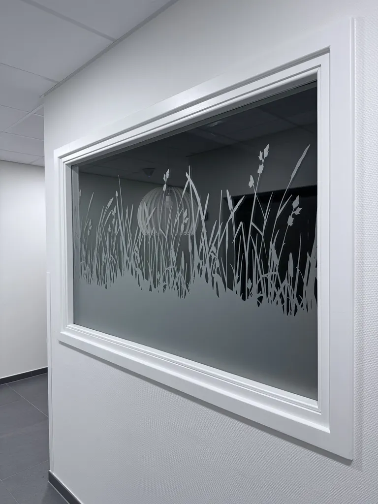 Décoration de vitrage intérieur en film dépoli occultant découpé avec motifs pour un hopital à Strasbourg en Alsace