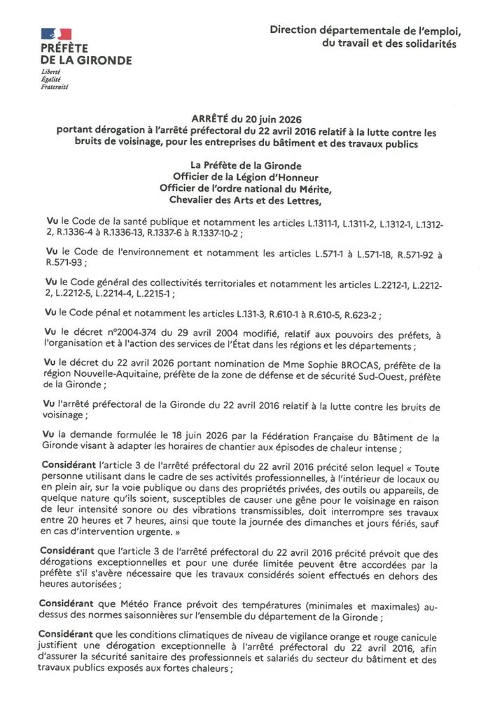 Arrêté préfectoral Gironde bruit de voisinage 20-06-2026 - p1
