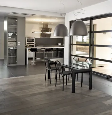 Parquet contrecollé chêne de l'est colori brossé huilé gris