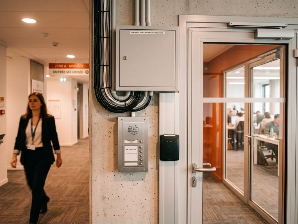 Installation professionnelle de contrôle d’accès avec lecteur, interphone et câblage structuré dans un bâtiment tertiaire