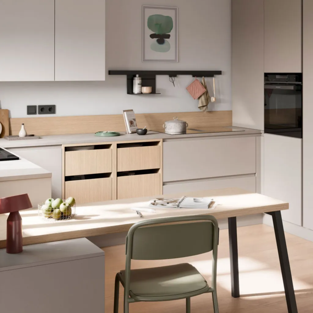 Cuisine Beige & Bois : design minéral et élégance apaisante avec coin repas et touches décoratives
