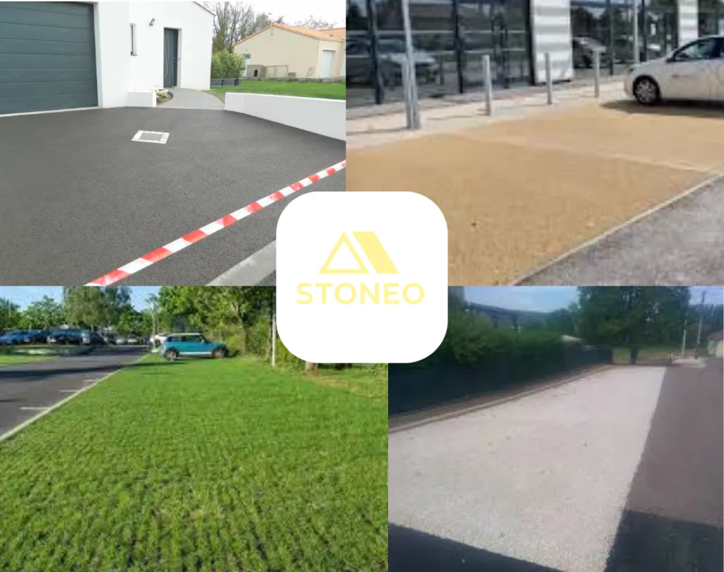 Création de places de parking drainant: la moquette de pierre extérieure carrossable est une alternative qualitative aux soltions comme le béton drainant ou les parkings végétalisés. Contactez notre expert STONEO pour discuter de vos projets d'aménagement