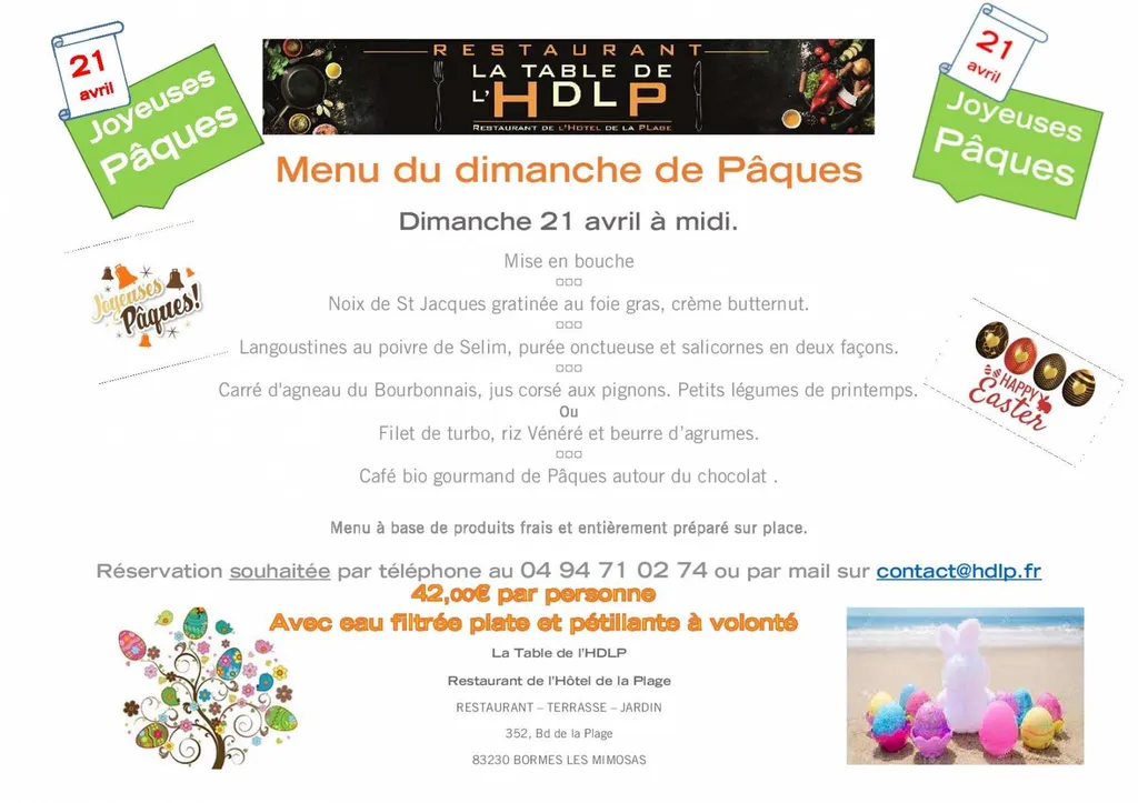 Menu de Paques le 21 avril à midi à la Table de l'HDLP