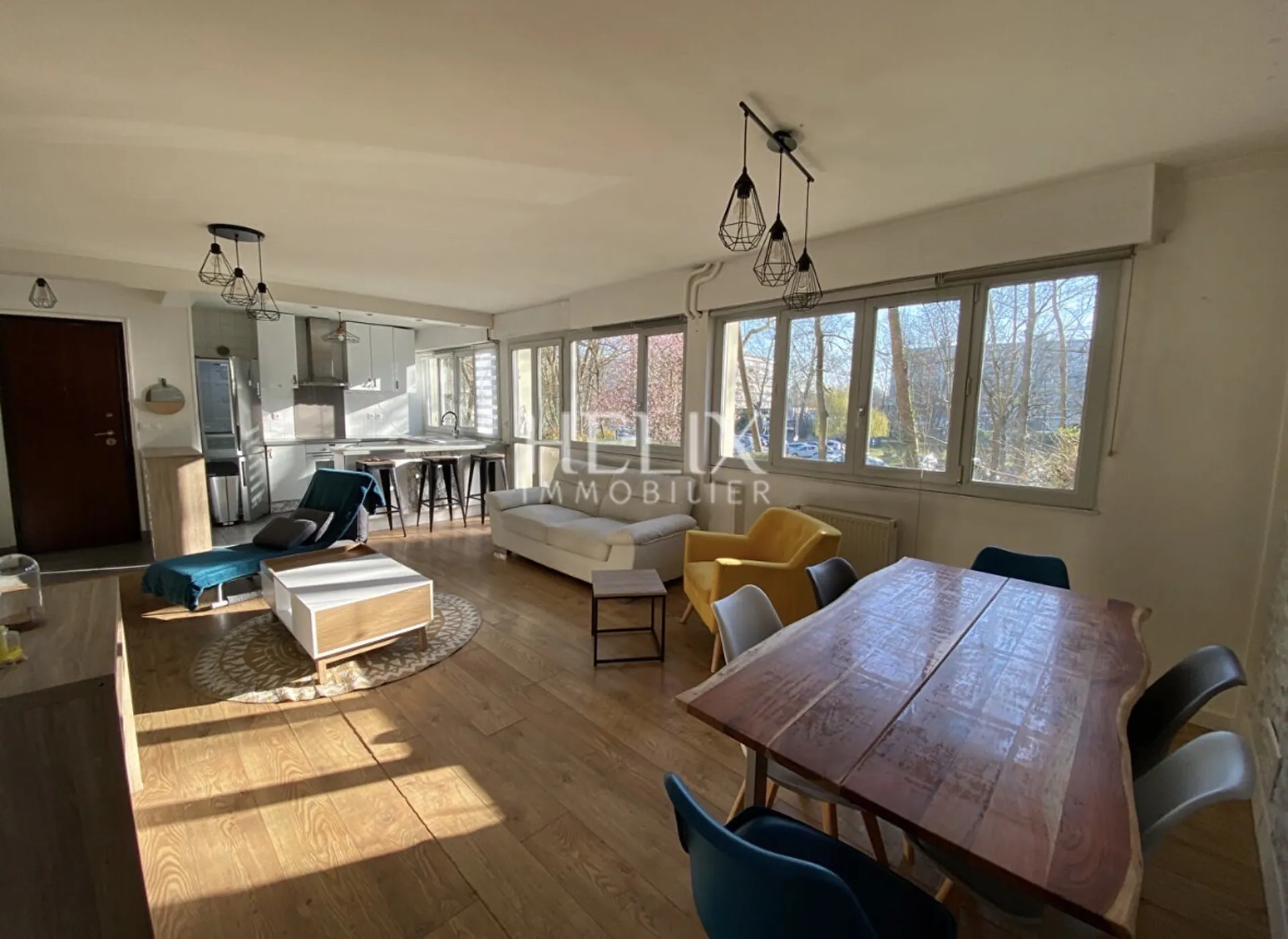 Vue d'ensemble pièce de vie lumineuse et agréable 