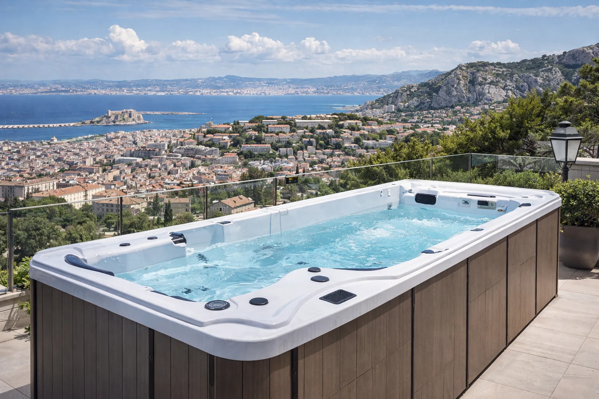 Spa de nage BE SPA sur terrasse à Marseille, solution bien-être complète avec nage à contre-courant et espace détente.