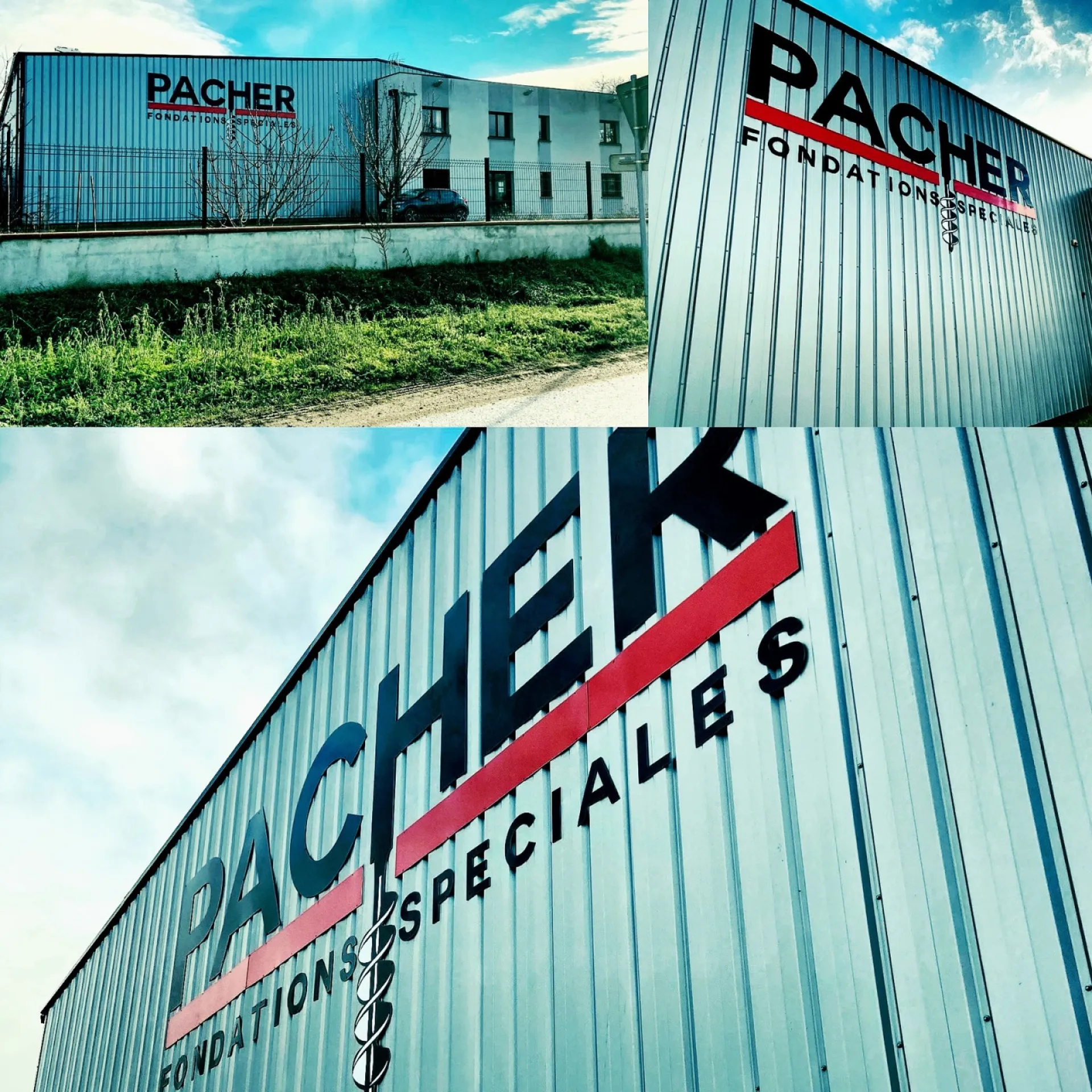 Enseigne pour la société Pacher en lettres découpées sur bardage à Auterive