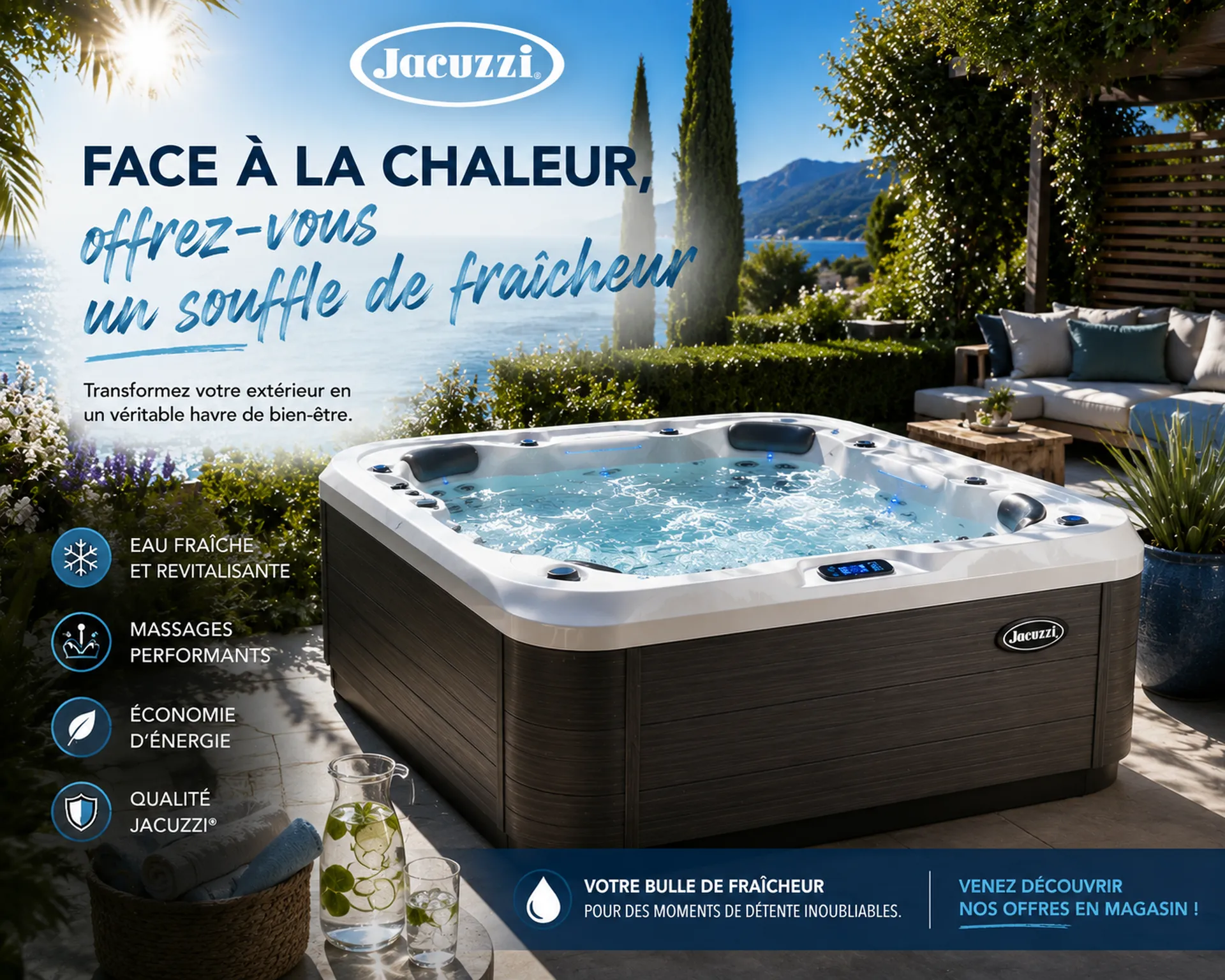 Jacuzzi J-332 sur une terrasse avec vue sur la mer