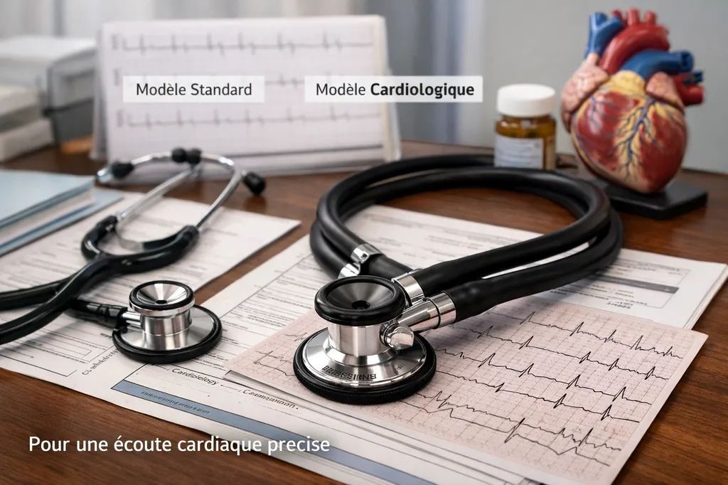 Stéthoscope cardiologique haut de gamme posé sur un bureau médical, illustrant la différence entre modèles standard et cardiologiques et l’importance d’une écoute cardiaque précise à Strasbourg