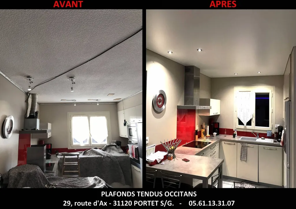 AVANT  / APRES plafond gouttelette - Pose plafond tendu BARRISOL blanc mat - Plafonds Tendus Occitans Portet s/G.