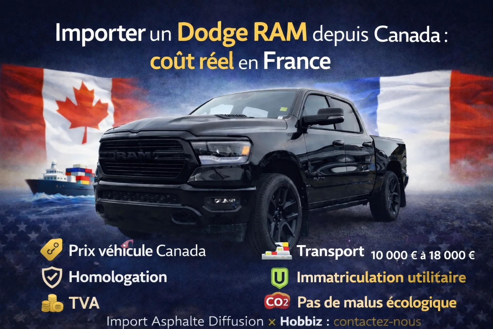 Importer un Dodge RAM depuis le Canada : prix réel en France, transport, homologation, TVA, sans malus écologique et import clé en main sécurisé